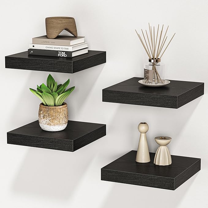 Square Floating Shelves for Wall, 7.5" W x 7.5" D x 1.4" H, Small Wooden Wall Mounted Display Shelf with Invisible Brackets for Living Room, Bathroom, Kitchen Decor, Set of 4, Black