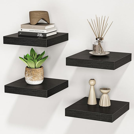 Square Floating Shelves for Wall, 7.5" W x 7.5" D x 1.4" H, Small Wooden Wall Mounted Display Shelf with Invisible Brackets for Living Room, Bathroom, Kitchen Decor, Set of 4, Black