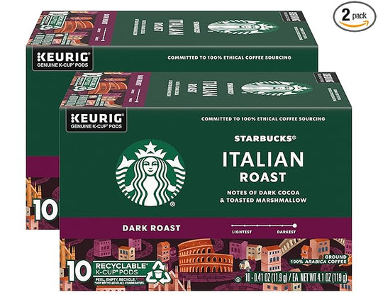 Starbucks Coffee K-Cup Pods, Italian Roast Coffee, Dark Roast, 100% Ground Arabica Coffee, Keurig Genuine K-Cup Pods, 10 CT K-Cups Per Box (Pack of 2 Boxes)