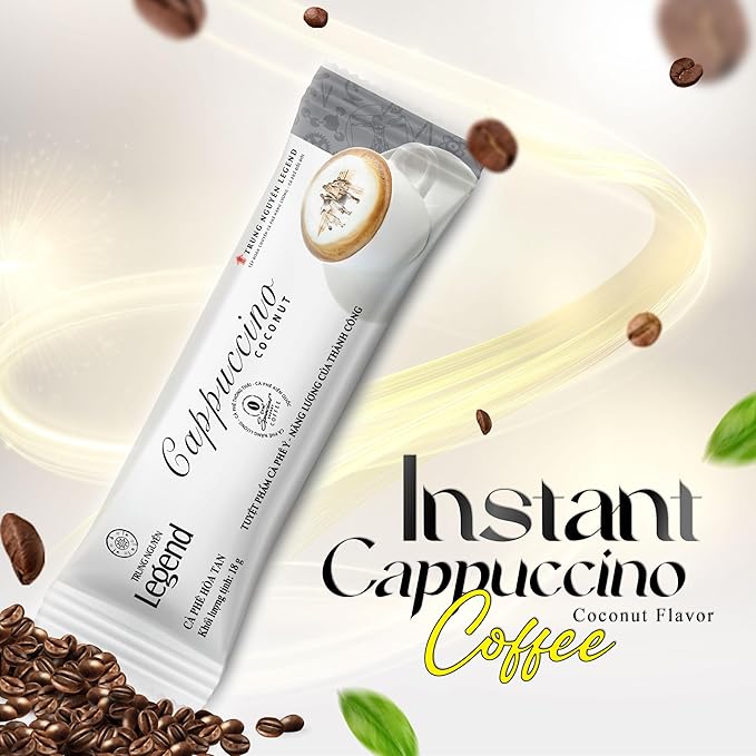 TRUNG NGUYEN LEGEND Cappuccino Coconut Instant Coffee Single Served Stick for Energy Boost (8oz - Box of 12 Sticks)
