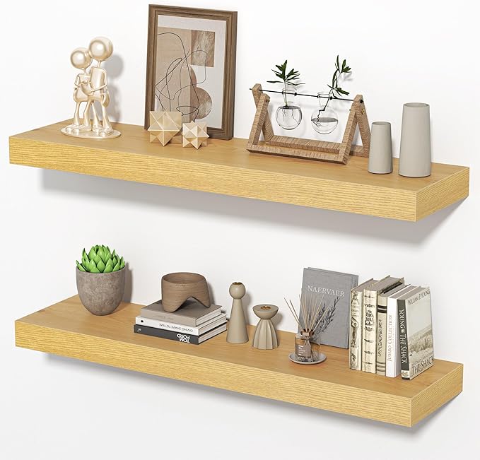 Floating Shelves for Wall, 31.5" W x 6.7" D x 1.5" H, Wooden Wall Mounted Display Shelves with Invisible Brackets for Living Room, Bedroom, Bathroom, Kitchen Decor and Storage, Set of 2, Oak