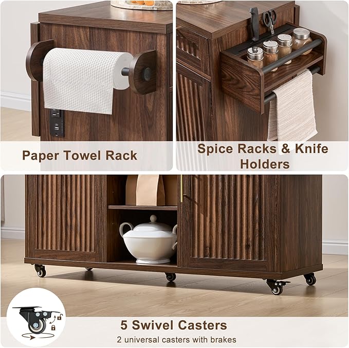57" Kitchen Island with Storage — Kitchen Rolling Island with Trash Can Storage Cabinet, Power Outlet & Drop Leaf, Large Mobile Island Cart on Wheels with Spice & Towel Rack, Knife Holder (Walnut)