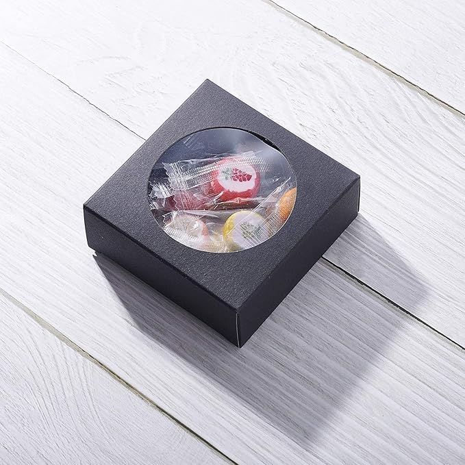 BENECREAT 24 Pack Kraft Paper Boxes with Clear Window 3x3x1.2 Black Kraft Gift Packaging Boxes for Bakery Cookies Cake Candy Wedding Party, Festival Gift Packaging