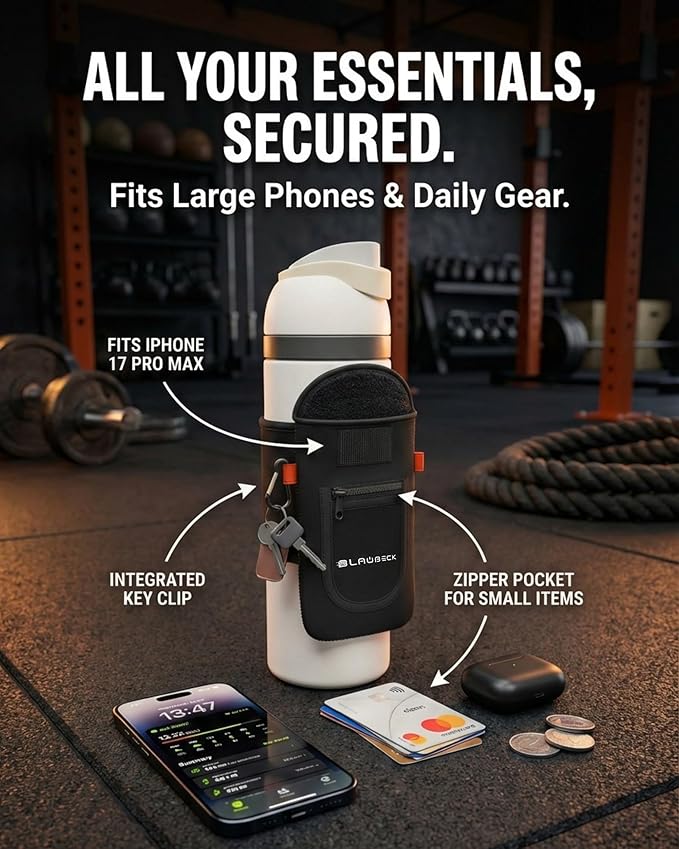 Magnetic Water Bottle Sleeve Bag and Large Pocket Phone Holder for Gym - Black Pouch with 4 Magnets - Attach it to Any Gym Equipment & Golf Carts - Gym Essentials - Water Bottle NOT Included