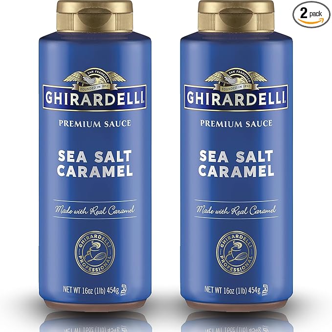 Ghirardelli Sea Salt Caramel Flavored Sauce Squeeze Bottles | 16 oz (Pack of 2) | Sweet and Salty Caramel Dessert Topping for Coffee Drinks, Ice Cream, and Baking Recipes