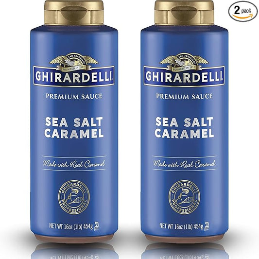 Ghirardelli Sea Salt Caramel Flavored Sauce Squeeze Bottles | 16 oz (Pack of 2) | Sweet and Salty Caramel Dessert Topping for Coffee Drinks, Ice Cream, and Baking Recipes
