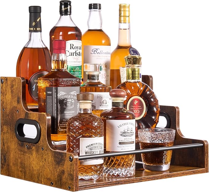 YQBRAO 3-Tier Liquor Bottle Display Shelf - Holds up to 12 Bottles, Rustic Wood Bar Shelves for The Home Bar, Countertop Whiskey and Bourbon Organizer with Anti-Slip Pads