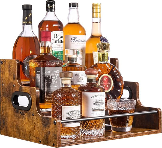 YQBRAO 3-Tier Liquor Bottle Display Shelf - Holds up to 12 Bottles, Rustic Wood Bar Shelves for The Home Bar, Countertop Whiskey and Bourbon Organizer with Anti-Slip Pads