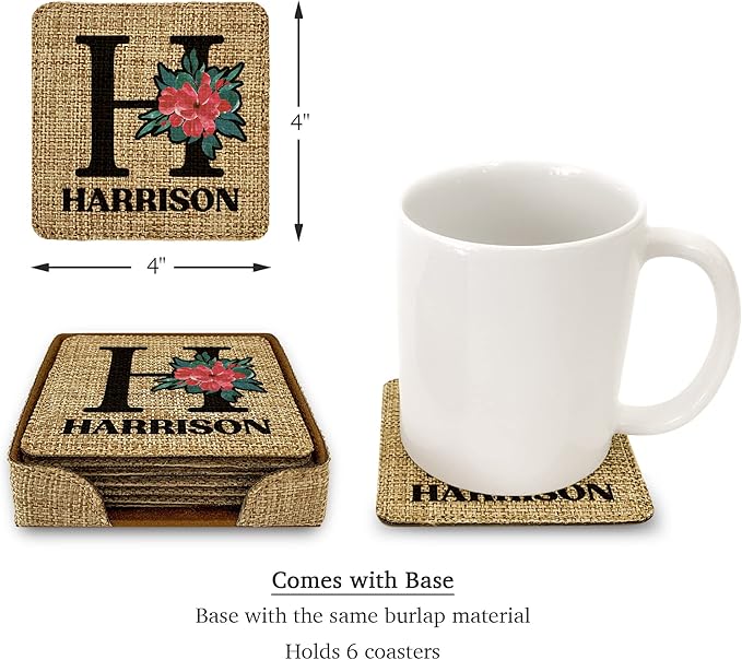Smile Art Design Family Monogram Custom Coaster Set of 6 with Base Square Burlap Material Family Name Personalized Prints Personalized Gifts House Warming Wedding Gift Living Room Rustic Decor Style6