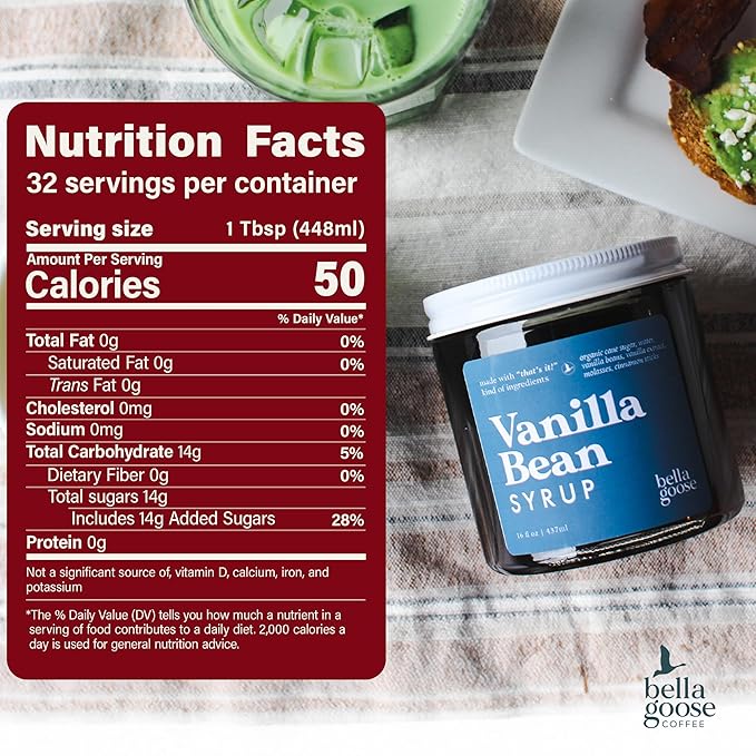 Bella Goose Vanilla Bean Coffee Syrup Jar (16oz) - Homemade Pure Cane Sugar Syrup for Lattes & Desserts - Clean Ingredient - No Artificial Flavors, Oils, Syrups for Coffee Drinks, 32 Servings