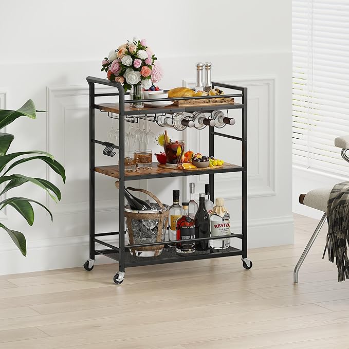 Metal Bar Carts, Rolling Bar Cart with Wheels, Liquor Cart, Rustic Brown Small Bar Cart, Wine cart, Beverage Cart with Glass Holders & Wine Rack for Kitchen Dining Living Room (Rustic Brown) GBC507R