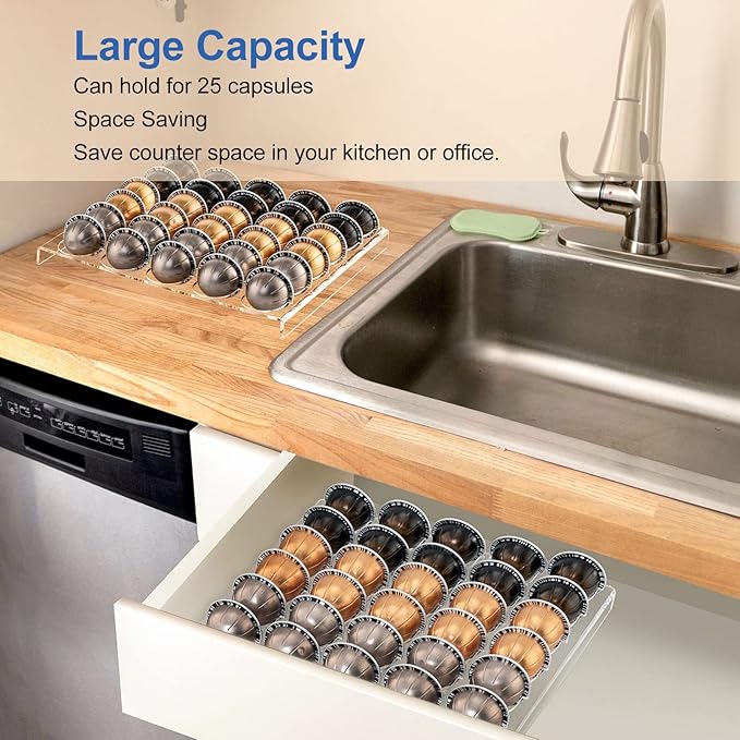 Yosoo Health Gear Coffee Capsule Holder 25 Capsules Coffee Pod Drawer Organizer, Transparent Flat Countertop Coffee Pod Holder Drawer Holder Sturdy Plastic Coffee Pod Organizer Tray for Drawer