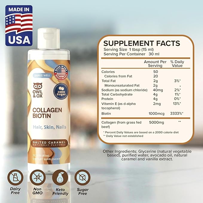 Collagen Coffee Creamer by Owl & Ox – Biotin-Infused for Healthy Hair, Skin & Nails | Keto, Dairy-Free, Sugar-Free, Gluten-Free | Liquid Salted Caramel | 30 Servings