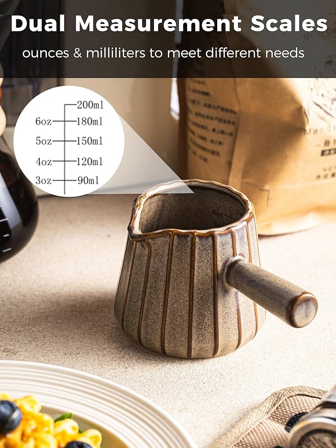 YHOJOY Espresso Cup, Ceramic Espresso Measuring Cup with Handle, Expresso Shots Cups with Spout, Espresso Accessories, 200ML/6 OZ, Dark Agate Red