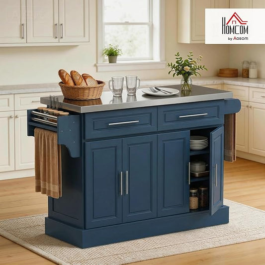 HOMCOM Rolling Kitchen Island Cart with 47" Stainless Steel Top, Portable Island Table for Kitchen with Wheels, Adjustable Shelves, 2 Drawers, Spice, Knife and Towel Rack, Navy Blue