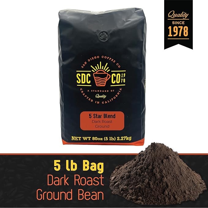 San Diego Coffee 5 Star Blend, Dark Roast, Ground Coffee, 5-Pound Bag Café molido tostado