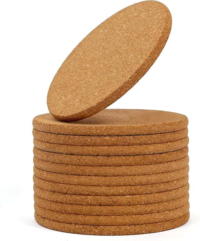Noe & Malu Round Edges Cork Coasters 4" Diameter 1/4" Thick, Set of 12 Wooden Drink Coasters Absorbent Heat Resistant Reusable Tea or Coffee Coaster, Reusable Saucers for Wine Glasses Cups Mugs