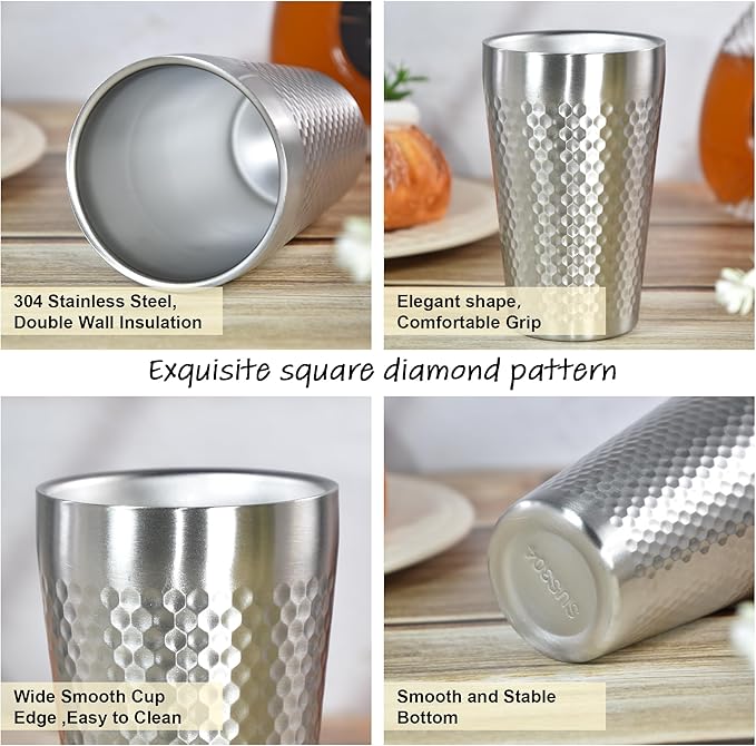 AGH 4 Pack Stainless Steel Cups for Kids, Metal 15oz Double Layer Insulated Cup, Reusable Stackable Cup for Party Outdoor (Matte Silver)