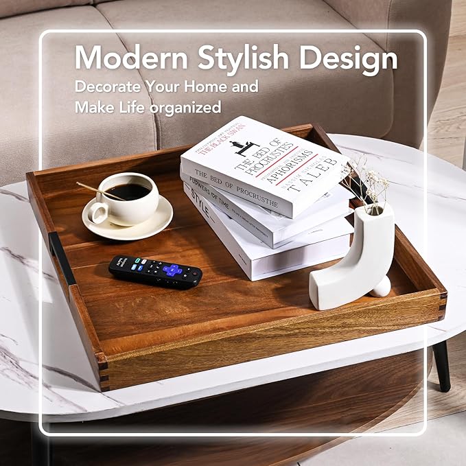 Large Ottoman Tray for Living Room and Coffee Table, Decorative Acacia Wood Serving Tray with Handles for Breakfast in Bed, Dinner Food Kitchen TV (Natural, 20" x 20" x 2")