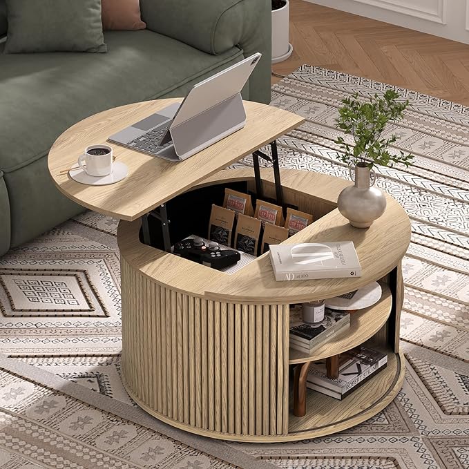 31.5" Round Lift Top Coffee Table,Natural Oak Modern Fluted Drum Center Table with Hidden Storage, Japandi Scandi Wood Circle Desk for Boho Living Room & Apartment