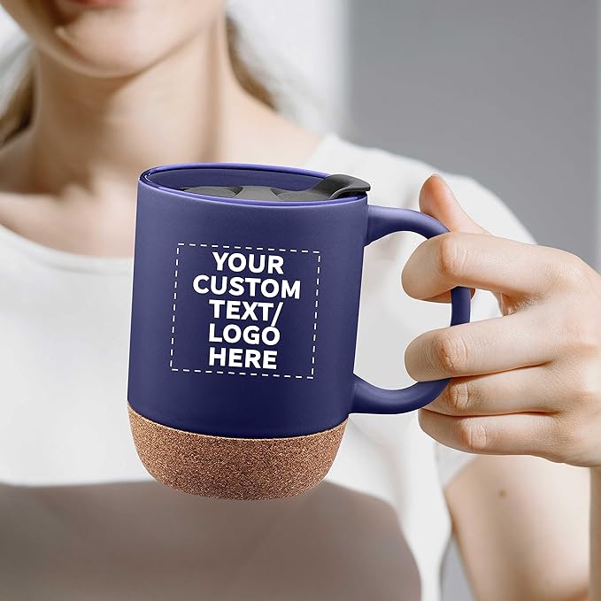 Custom Barista Ceramic Mugs with Cork Bottom 13 oz Set of 12/36/72 Personalized Bulk Pack Perfect for Coffee Tea Espresso Hot Cocoa Other Beverages - Blue