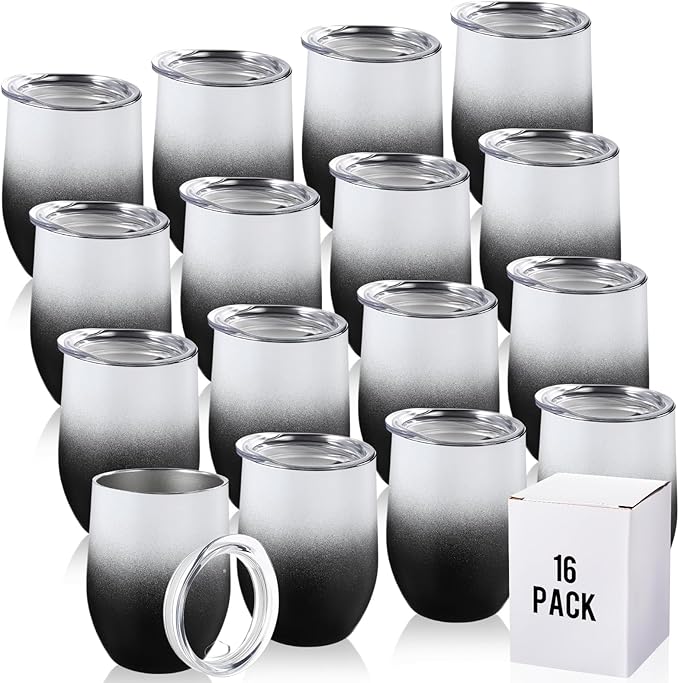 16 Pack Stainless Steel Wine Tumblers 12 oz Insulated Vacuum Wine Cup Set Double Wall Stainless Steel Stemless Mug Glasses for Coffee Soda Whiskey Outdoor Travel (Black and White)