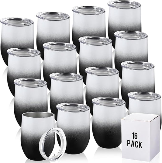 16 Pack Stainless Steel Wine Tumblers 12 oz Insulated Vacuum Wine Cup Set Double Wall Stainless Steel Stemless Mug Glasses for Coffee Soda Whiskey Outdoor Travel (Black and White)