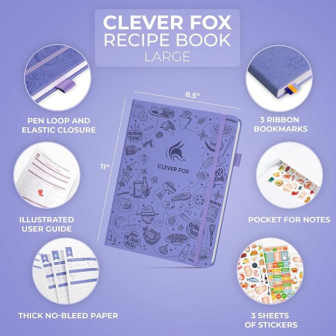 Clever Fox Recipe Book – Make Your Own Family Cookbook – Blank Recipe Notebook Organizer – Empty Cooking Journal to Write In Recipes – Large Size, 8.5”x11.2”, Hardcover, Lavender