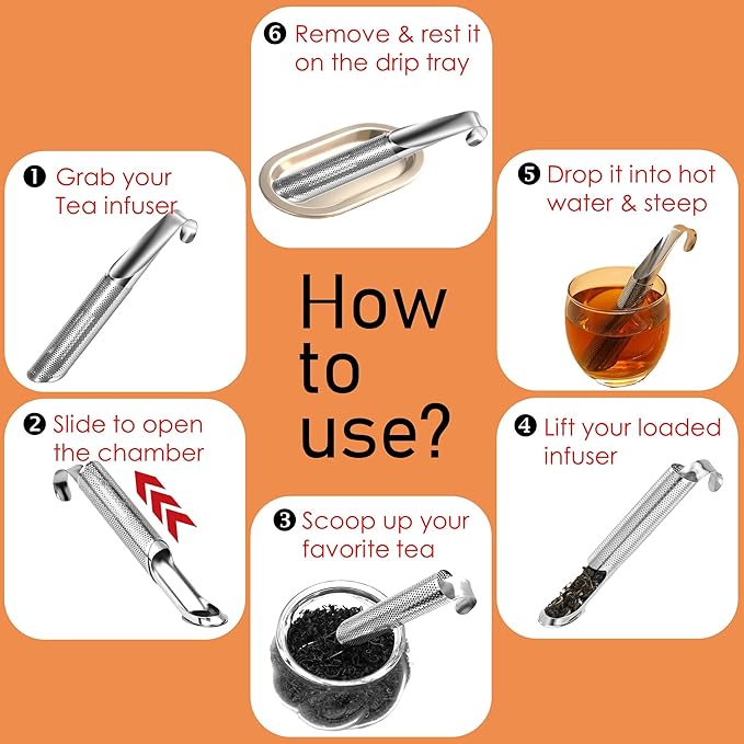 Stainless Steel Tea Infuser Set for Loose Leaf Tea – Durable Food-Grade Strainer with Long Handle, Hook, Drip Tray, and Cleaning Brush, Suitable for Single-Cup Brewing