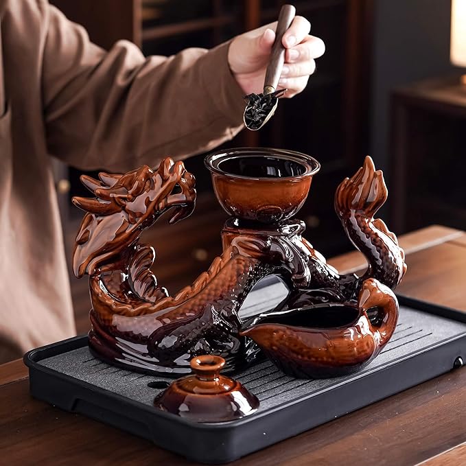 Ceramic Teapot with Infuser Semi Automatic Tea Set Magic Teapot with 8 cups Gradient Color (Yellow Dragon- A)