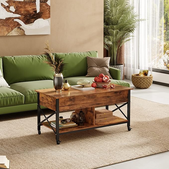 WLIVE Coffee Table, 41.3" Lift Top Coffee Table with 4 Wheels, Hidden Compartment, Storage Shelf and Lift Tabletop for Living Room, Reception Room, Rustic Brown