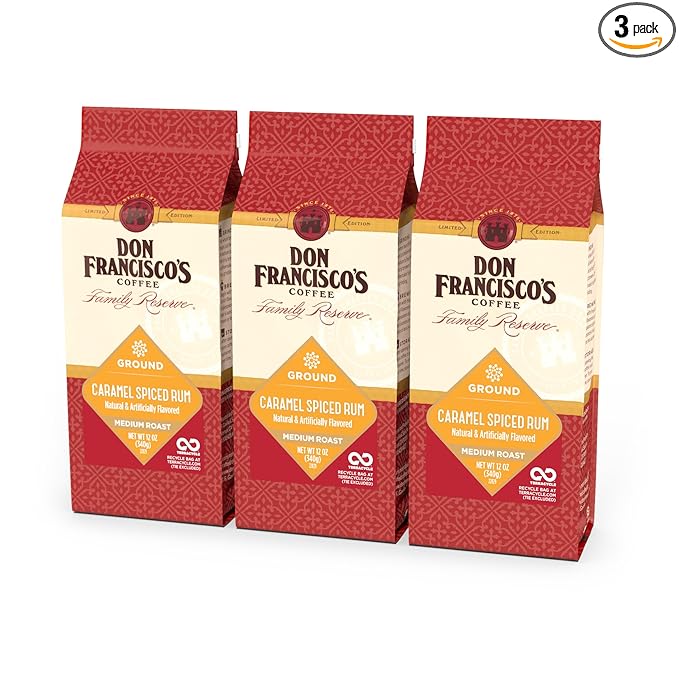 Don Francisco's Caramel Spiced Rum Ground Coffee, Medium Roast – 100% Arabica, Seasonal Flavored Coffee, 3-Pack of 12 oz Bags