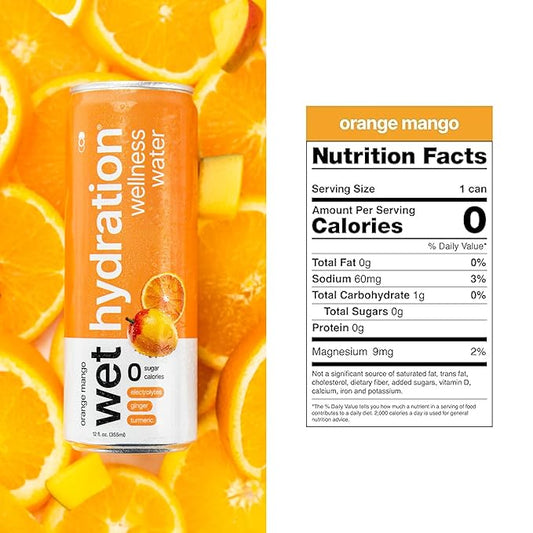 Wet Hydration - Functional Hydration Beverage - Flavored Water, Sugar-Free, Gluten-Free, No Artificial Ingredients (Orange Mango Ginger Turmeric)