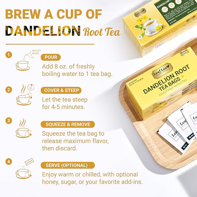 LeafLea 120 Dandelion Root Tea Bags, Dandelion Tea Promotes Healthy Digestion & Immune Function, Natural and Pure from Dandelion Root Herbal Tea, Caffeine-Free, Sugar-Free, Vegan, Pack of 3