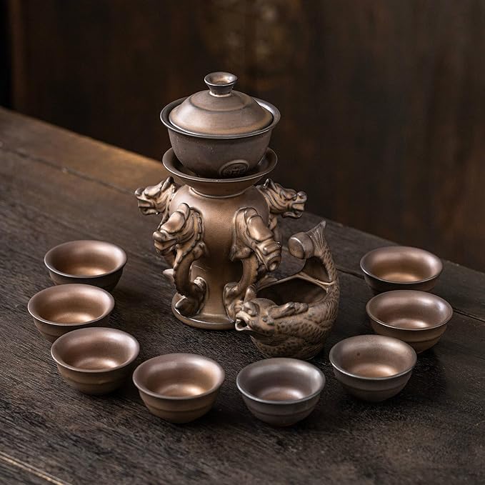Kungfu Tea Sets Ceramic Teapot with Infuser Loose Leaf Tea Teapot with 8 cups (Antique Brass Dragons)
