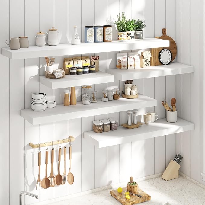 Marsmiles 12" Deep Floating Shelves for Wall with Invisible Brackets, Wall Mounted Engineered Wood Shelves with Wood Grain for Living Room, Bedroom, Kitchen Decor and Storage, 55" L Set of 1, White