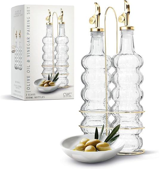 COOK WITH COLOR Glass Olive Oil Bottle Dispenser - 2 Pack- 17oz Oil and Vinegar Cruet - Olive Oil Carafe Decanter for Kitchen, Elegant Waves, Clear