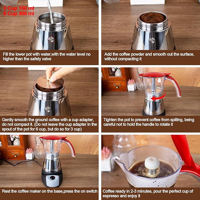 Electric Moka Pot 6 Cup 300ml Plastic Transparent Stovetop Espresso Maker Portable Stainless Steel Mocha Pot Percolator Italian Coffee Makers Greca Machine Cafe Classic for Home Camping