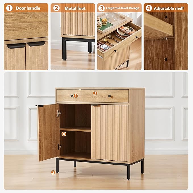 Mericonia Set of 2 Buffet Sideboard Cabinet with Storage, Fluted Coffee Bar with Doors and Adjustable Shelves, Modern Wood Console Cabinet for Kitchen, Livingroom