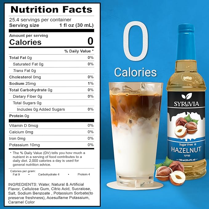 Syruvia Sugar Free Coffee Syrup, Hazelnut Flavored Syrup for Drinks, Lattes, and Desserts – 25.4 fl oz, With Pump