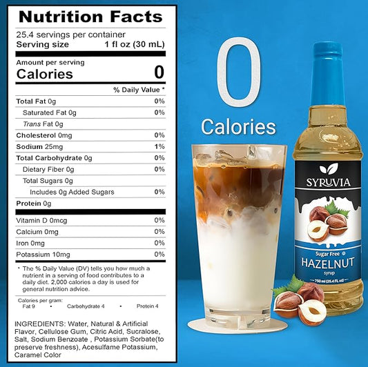 Syruvia Sugar Free Coffee Syrup, Hazelnut Flavored Syrup for Drinks, Lattes, and Desserts – 25.4 fl oz, With Pump