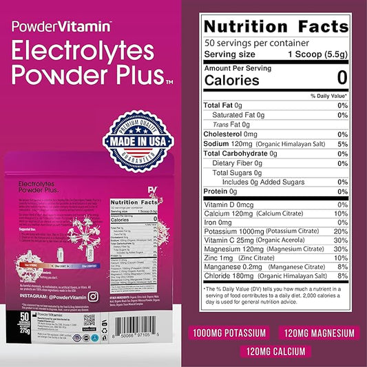 PowderVitamin Electrolytes Powder Plus (50 Servings) Black Tea Hibiscus Electrolyte Powder Keto, Sugar Free, Pink Himalayan Salt,1000mg Potassium,120mg Calcium,120mg Magnesium, Hydration Powder