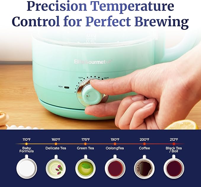 Elite Gourmet 1.2L Electric Glass Kettle, 1200W Fast Boil, Adjustable Temperature Control & Keep Warm, BPA-Free Borosilicate Glass, Auto Shut-Off & Boil-Dry Protection, 360° Cordless Base, Mint