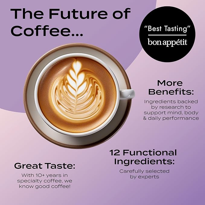 Atlas+ Latte Superblend– Premium Mushroom Coffee with Collagen, Probiotics, D3 & B12, Lion’s Mane, Reishi, Cordyceps, Coconut– for Energy, Focus, Immunity & Gut Health– 40 Servings (2 Bags)