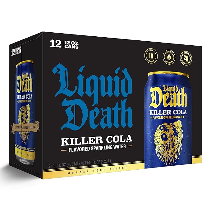 Liquid Death Soda-Flavored Sparkling Water - Killer Cola, Less Sugar*, Huge Flavor, No Caffeine, No Artificial Sweeteners, 12 Fl Oz (Pack of 12)