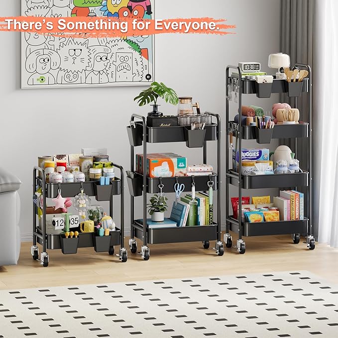 2 Tier Small Rolling Metal Cart with Wheels, Black Under Desk Storage Cart on Wheels, Short Utility Roller Carts Organizer for Pantry, Bathroom,Kitchen,Office, Two Tiered Mobile Storage Shelf Trolley