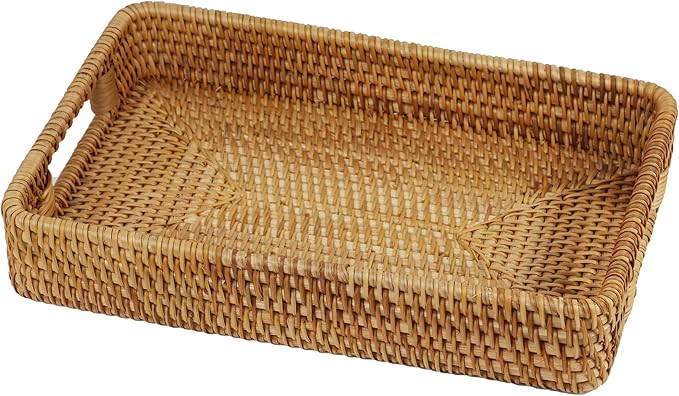 Rattan Serving Tray, Rectangle Coffee Table Tray with Handles, Decorative Ottoman Tea Tray Wicker Basket for Coffee, Bread, Fruits, Snacks, Breakfast, Drinks, Table Decor