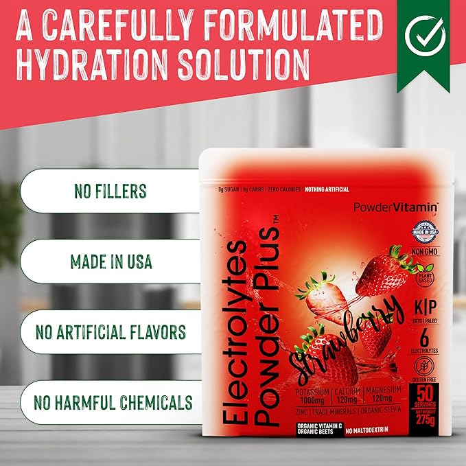 PowderVitamin Electrolytes Powder Plus Keto, Strawberry (50 Servings) 0 Sugar, No Maltodextrin,1000mg Potassium,120mg Calcium,120mg Magnesium,Organic Vitamin C,Zero Calories, Energy Hydration Powder