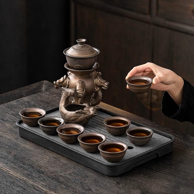 Kungfu Tea Sets Ceramic Teapot with Infuser Loose Leaf Tea Teapot with 8 cups (Antique Brass Dragons)