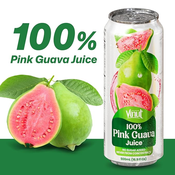 VINUT 100% Pink Guava Juice, No Added Sugar, Not From Concentrate, 16.9 fl oz (500 mL) Can, Pack of 12